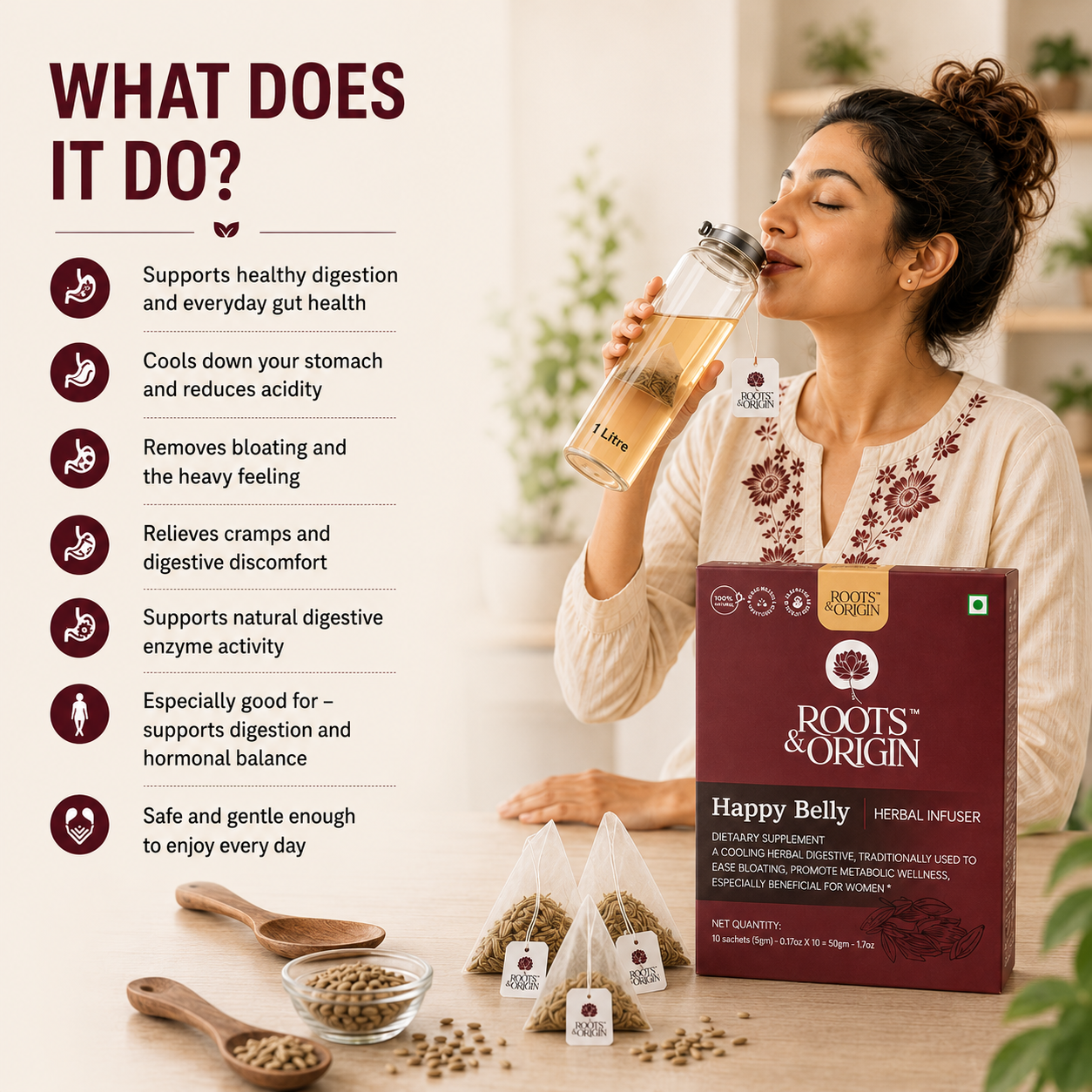 Happy Belly Herbal Infuser — Cooling Jeera Infuser to Ease Bloating, Digestion, and Gut Health.