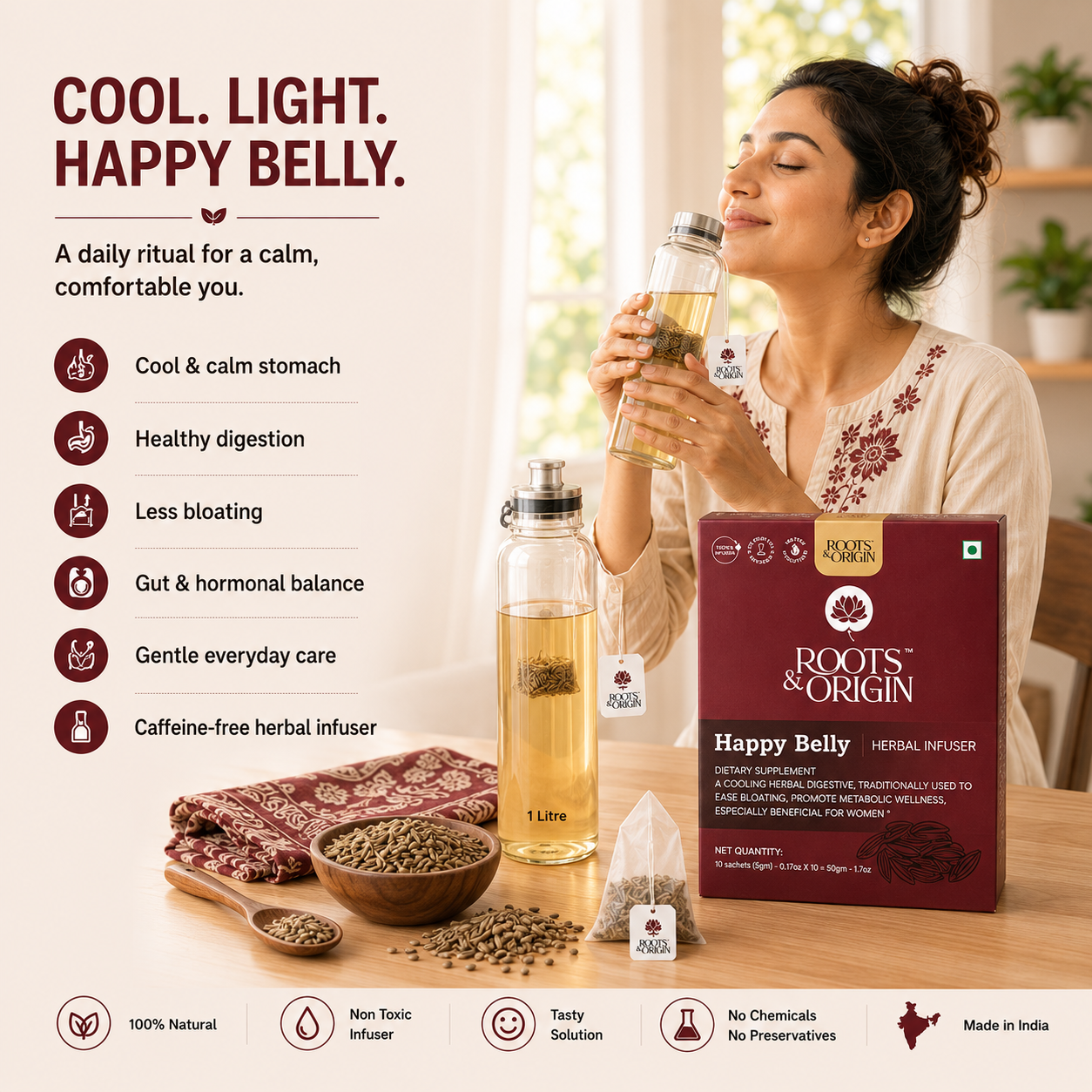 Happy Belly Herbal Infuser — Cooling Jeera Infuser to Ease Bloating, Digestion, and Gut Health.